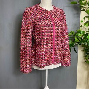 Chico’s women’s pink/multi-color tweed long sleeve zip up jacket